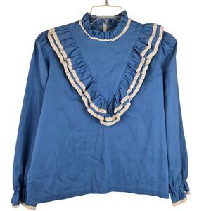 Vtg Rhapsody by Glazier Top Sz L Blue High Collar Long Sleeve V Ruffle Prairie